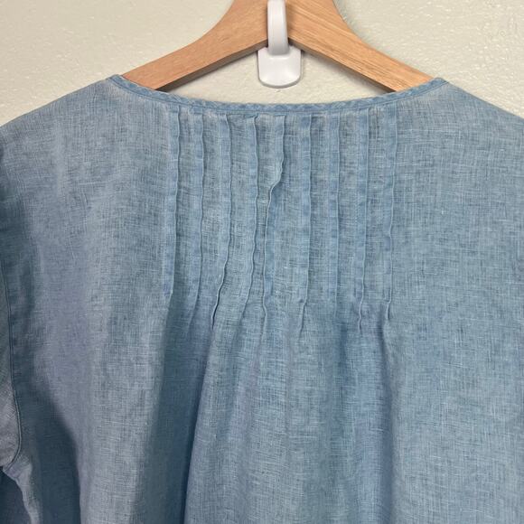 Ali Miles Women's Large 100% Linen Chambray Blue Roll Tab Sleeve Button Up Top - Picture 6 of 8